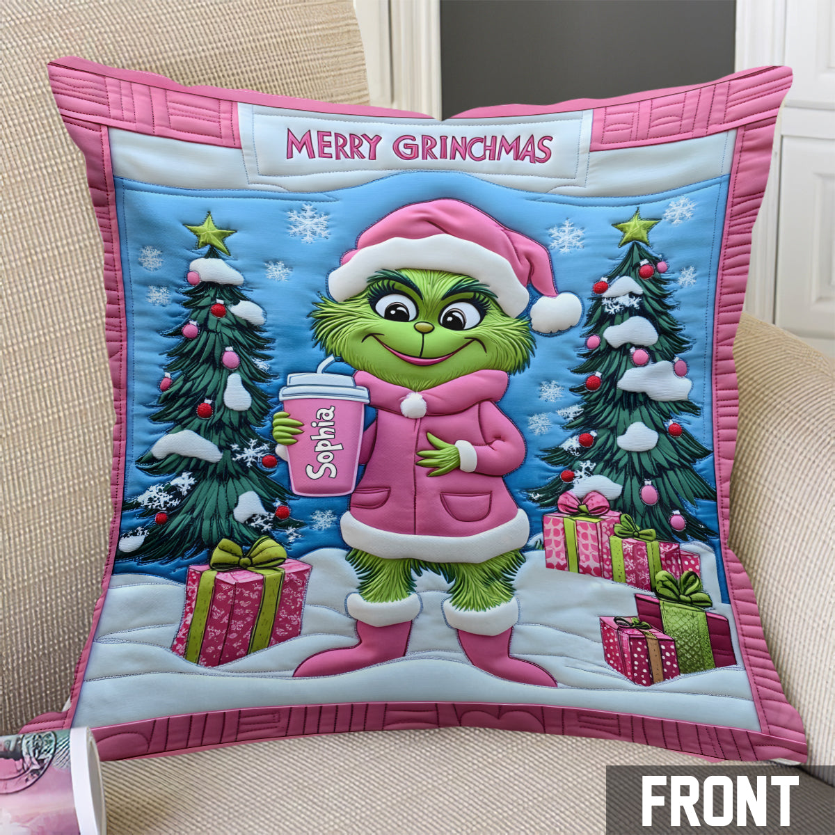 Grinchy Green Lady - Personalized Stole Christmas Throw Pillow
