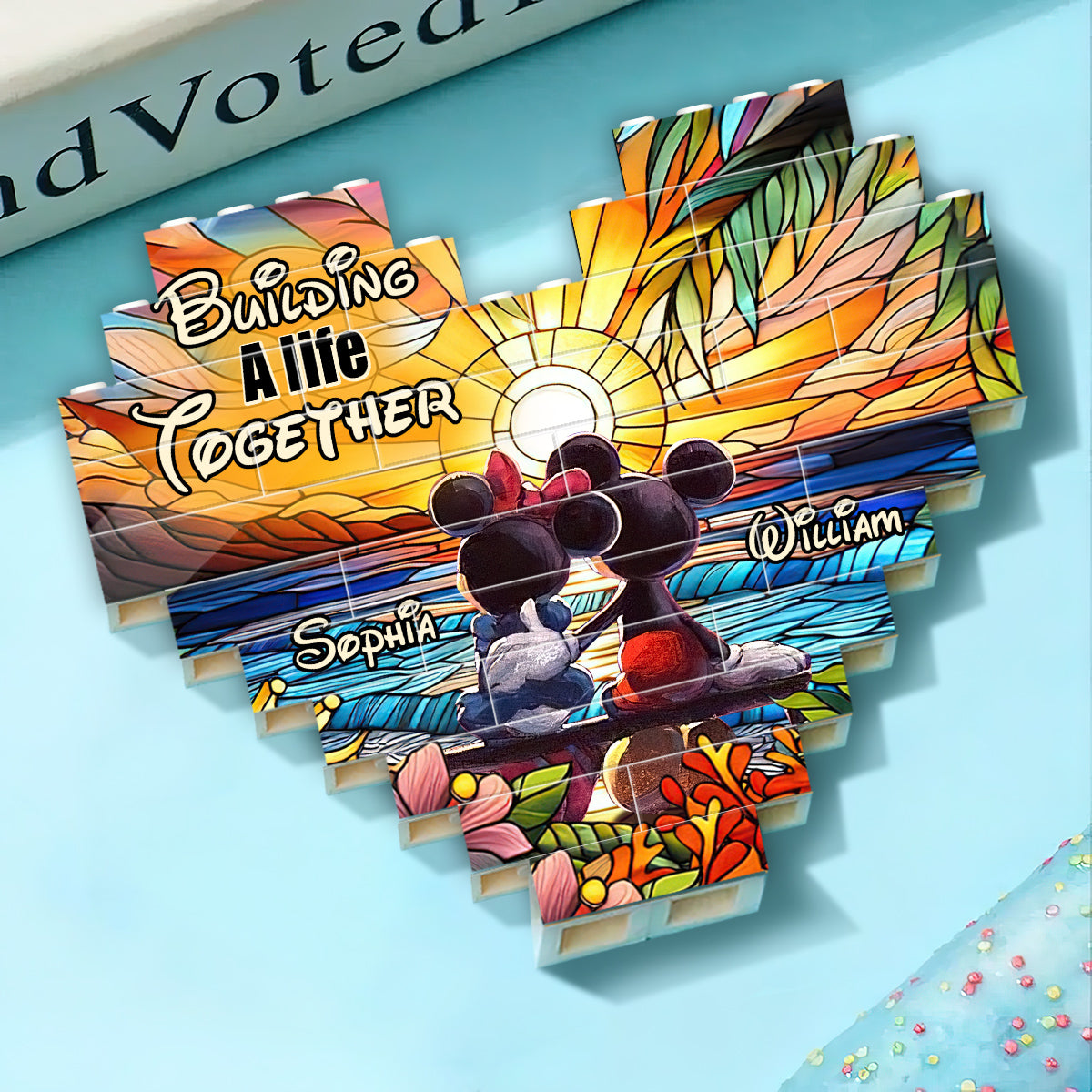 Sunset Colorful Couple - Personalized Mouse Heart Building Brick Blocks Printed On Both Sides