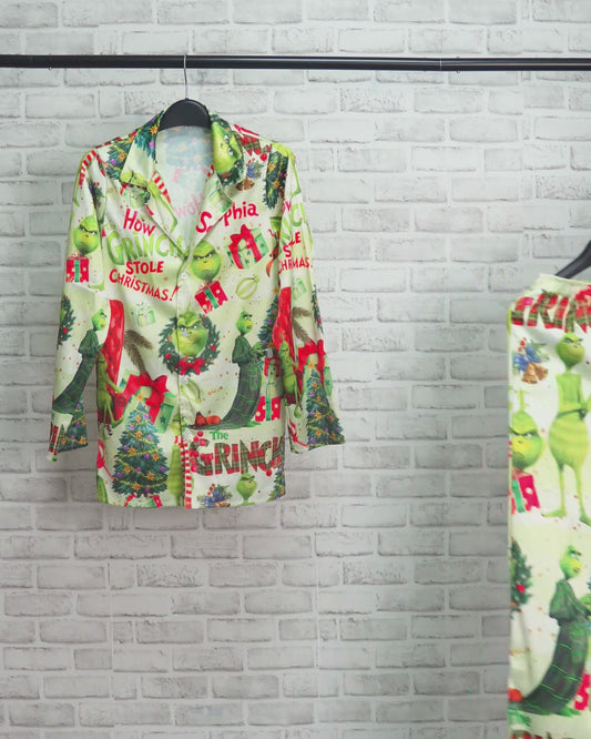 Green Christmas - Personalized Stole Christmas Button Down Pajamas