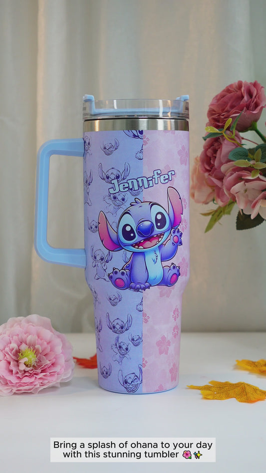 Pink And Blue - Personalized Ohana Tumbler With Handle
