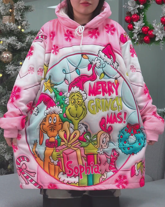 Merry Grinchmas - Personalized Stole Christmas Blanket Hoodie