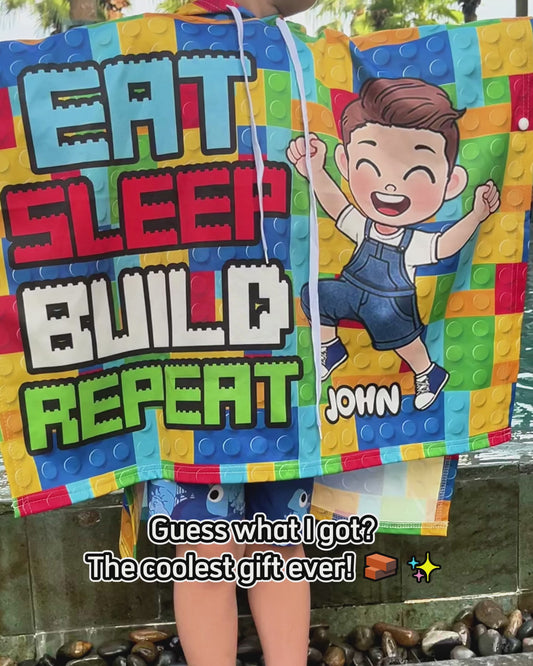 Eat Sleep Bath Build Repeat - Personalized Kid Hooded Towel Poncho