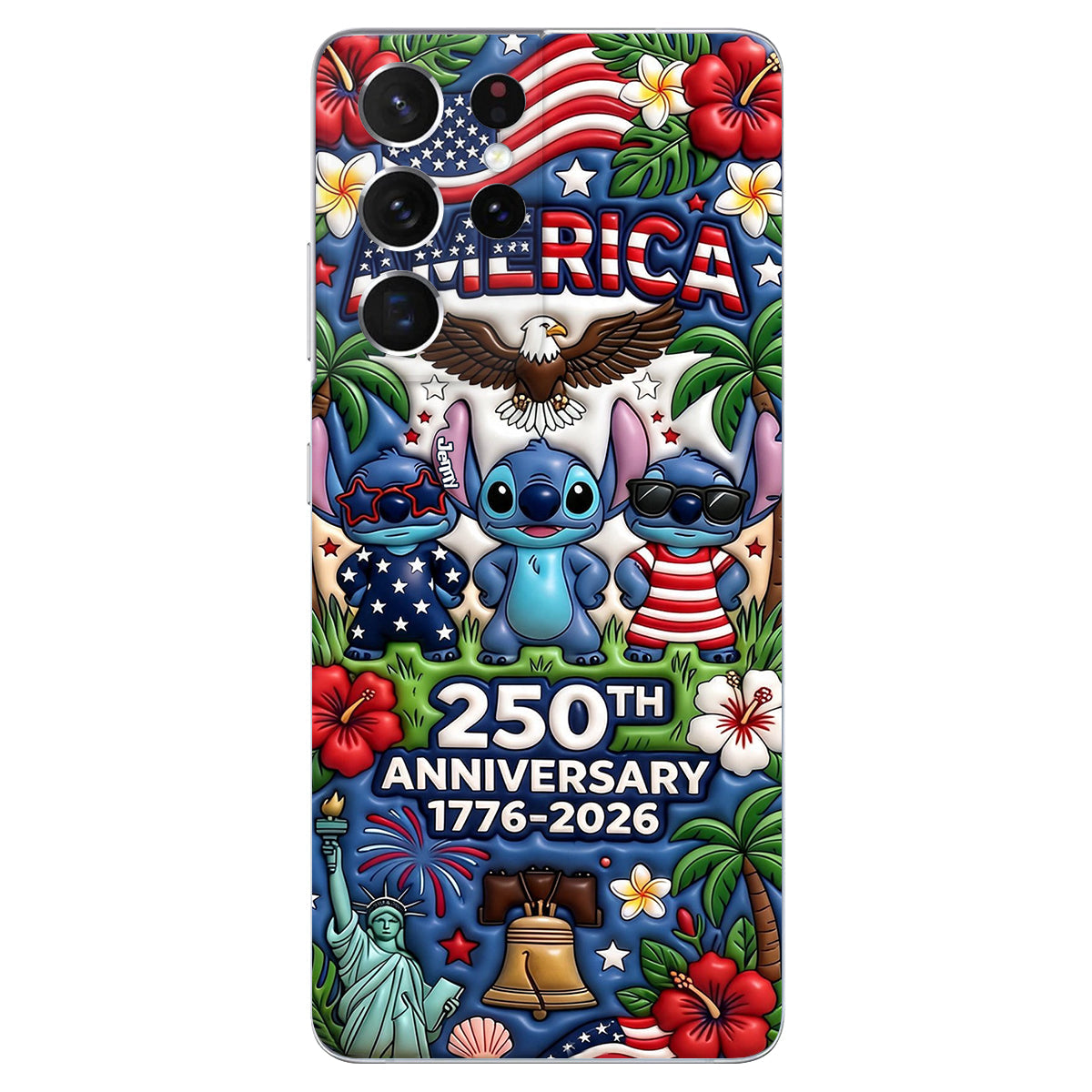Cute Blue Alien USA 250th Anniversary - Personalized Ohana 3D Embossed Leather Phone Case
