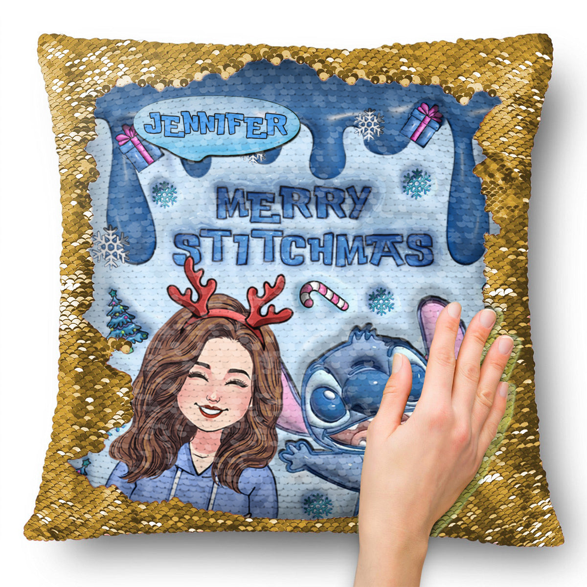 Merrry Christmas Ohana - Personalized Ohana Sequin Pillow Cover