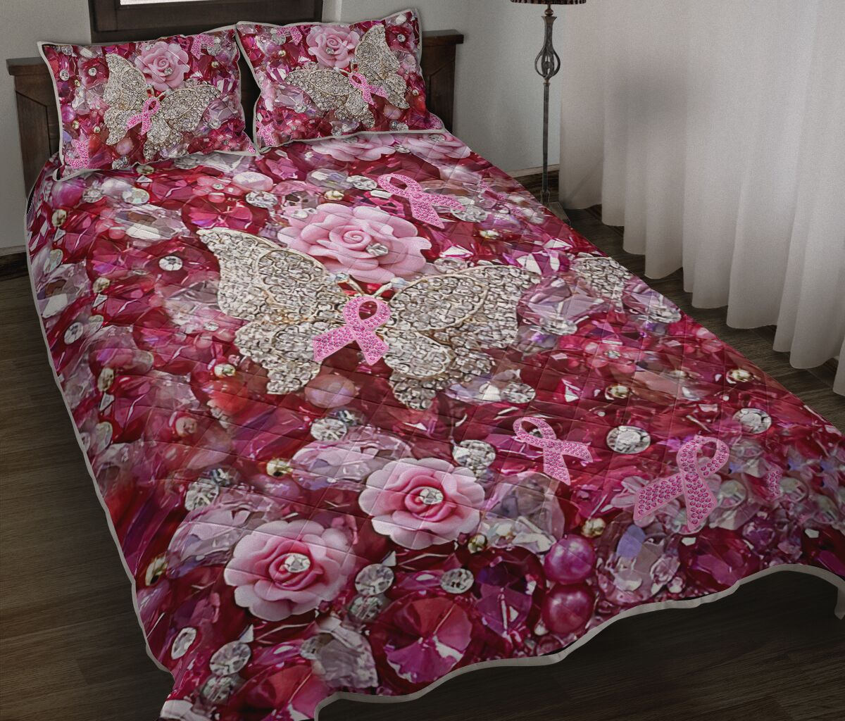 Pink Warrior Pattern Print Breast Cancer Awareness  Quilt Set 0622