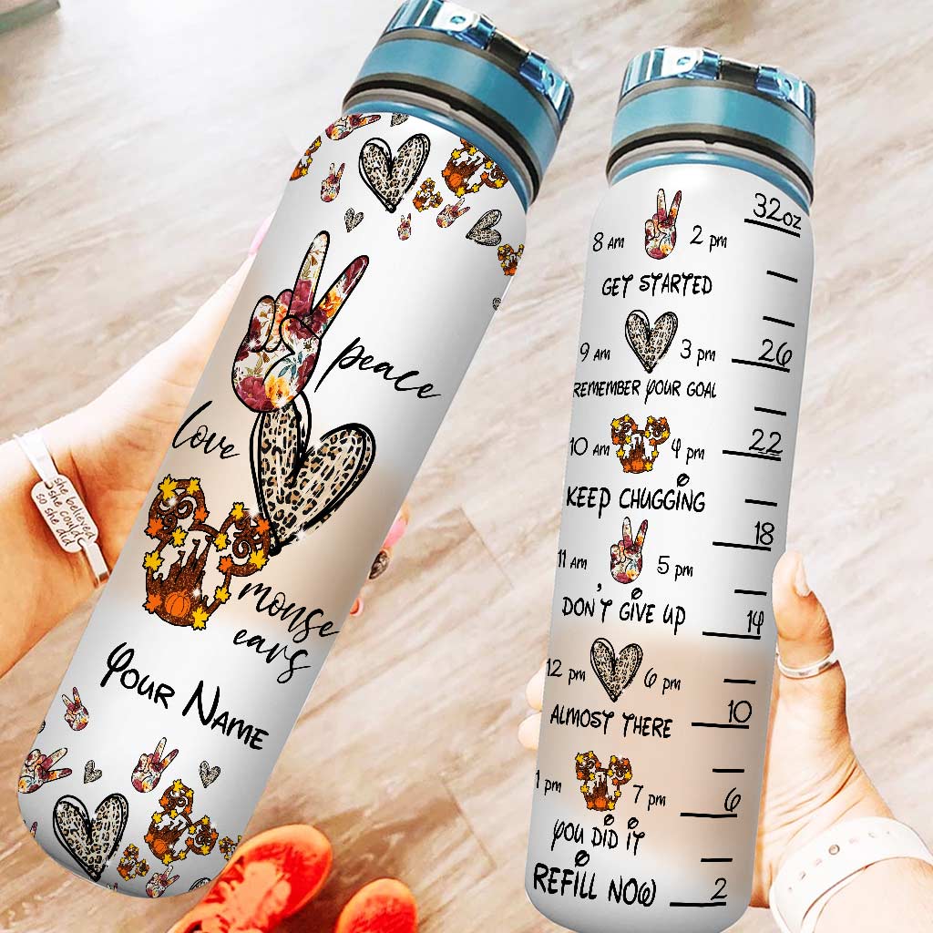 Peace Love Mouse Ears - Personalized Mouse Water Tracker Bottle