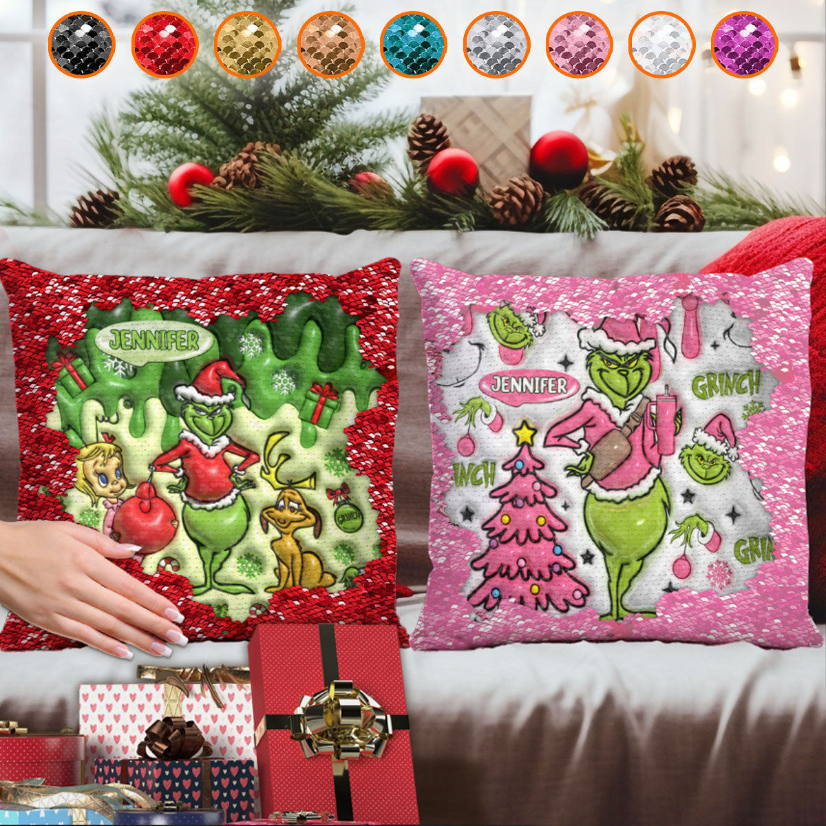 Merrry Christmas Green Mischief - Personalized Stole Christmas Sequin Pillow Cover