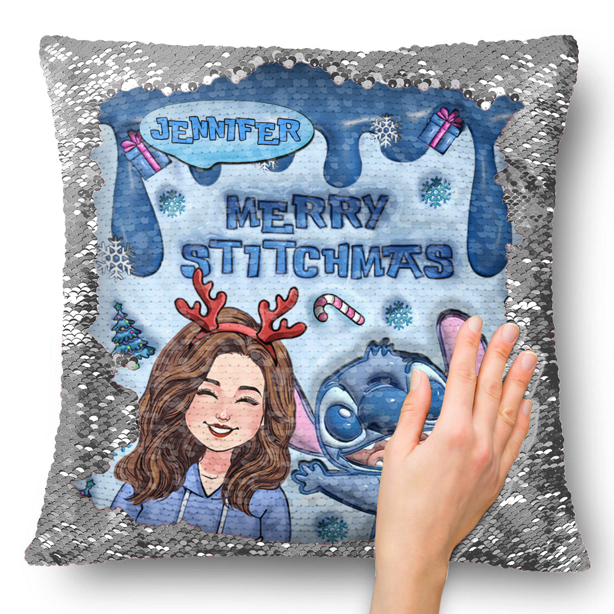 Merrry Christmas Ohana - Personalized Ohana Sequin Pillow Cover