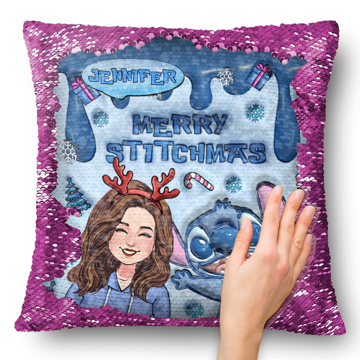 Merrry Christmas Ohana - Personalized Ohana Sequin Pillow Cover