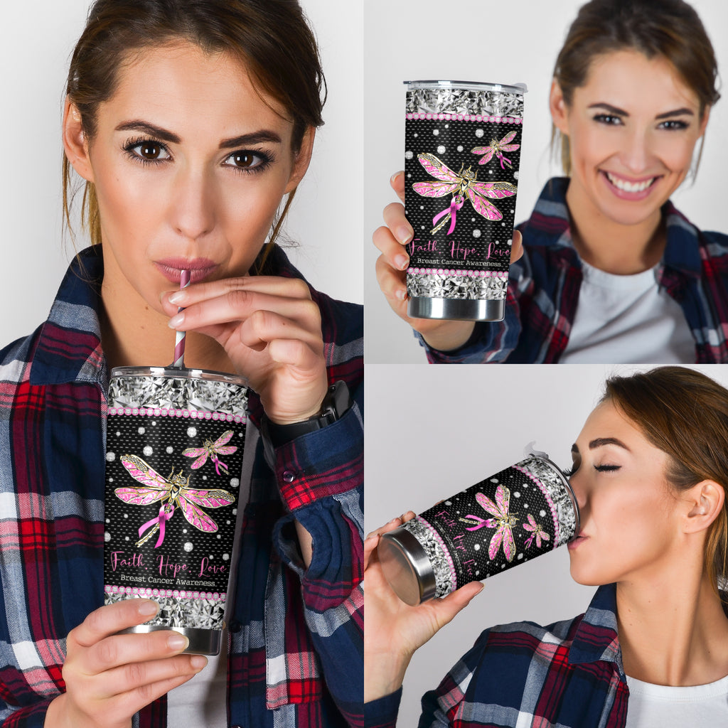 Faith Hope Love - Breast Cancer Awareness Tumbler With Rhinestone Pattern Print 0622