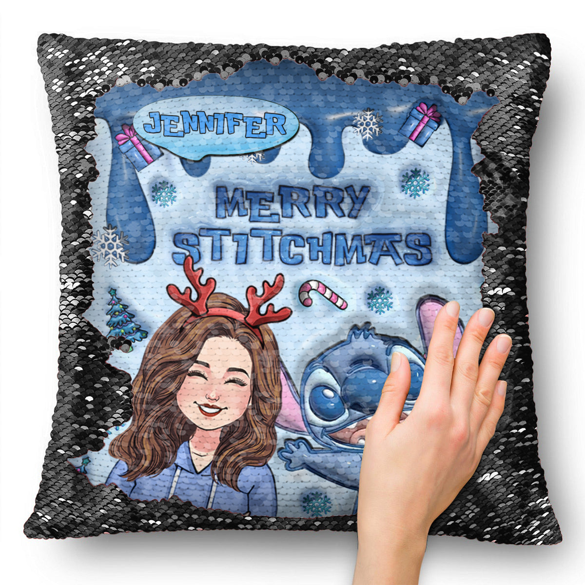 Merrry Christmas Ohana - Personalized Ohana Sequin Pillow Cover