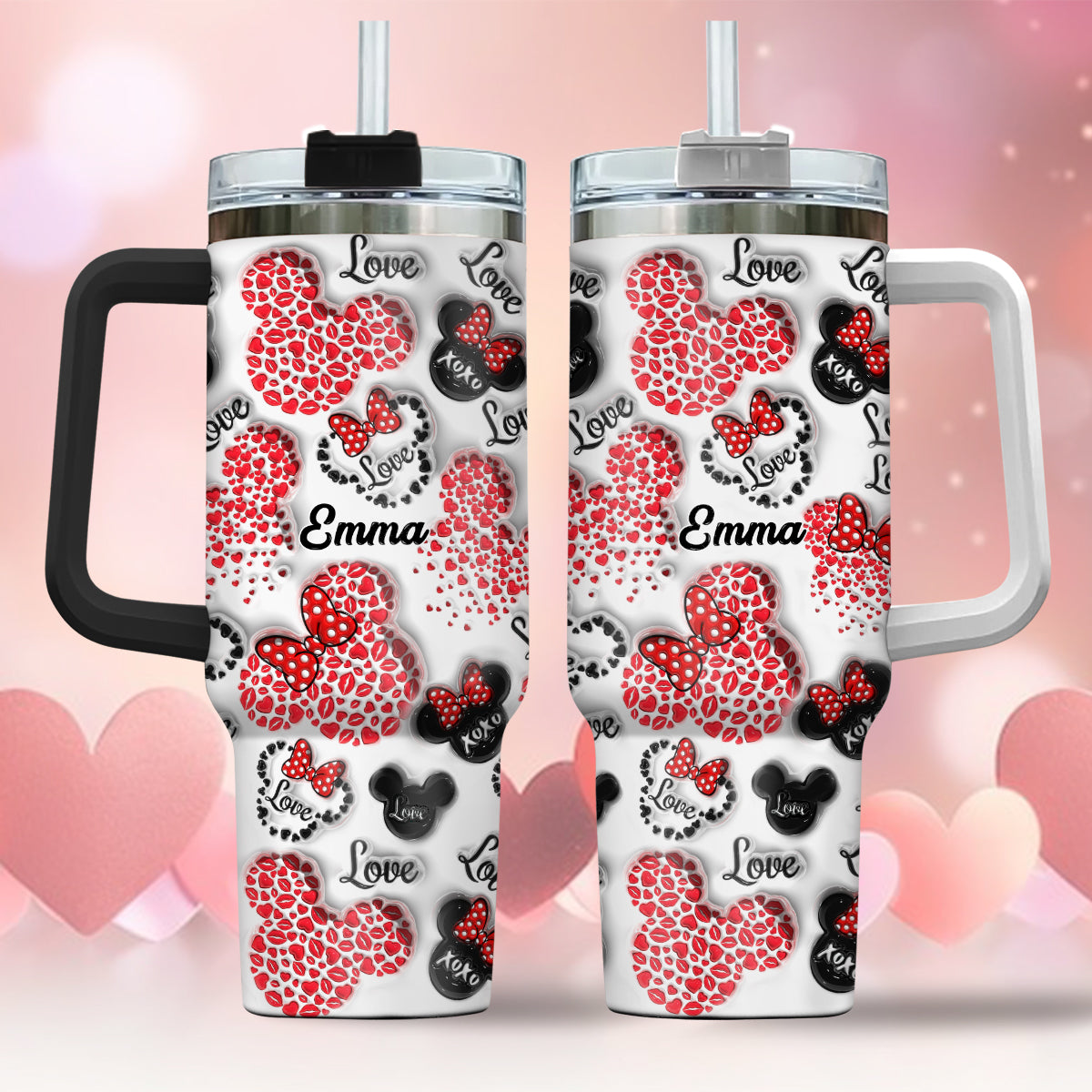 Mouse Ears Love Heart Inflated - Personalized Mouse Tumbler With Handle