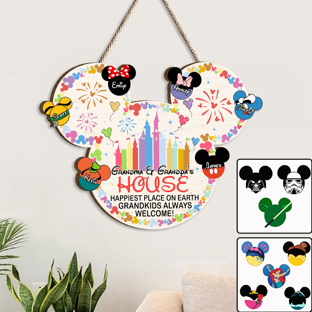 Happiest Place On Earth Grandkids Always Welcome - Personalized Mouse Custom Shaped Wood Sign