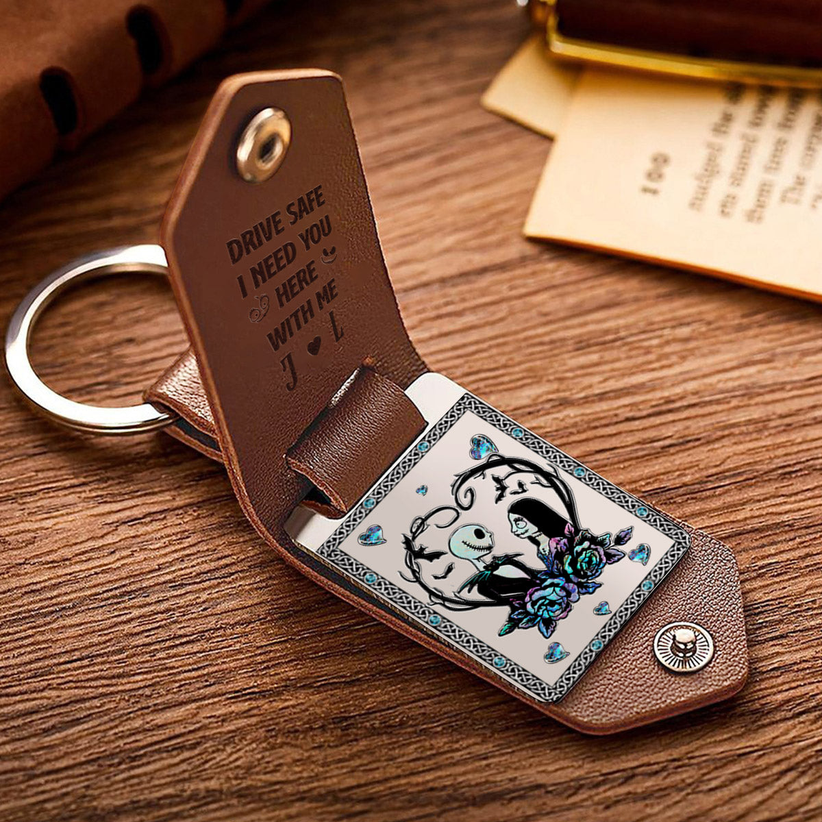 Drive Safe I Need You Nightmare Couple - Personalized Nightmare Leather Photo Keychain