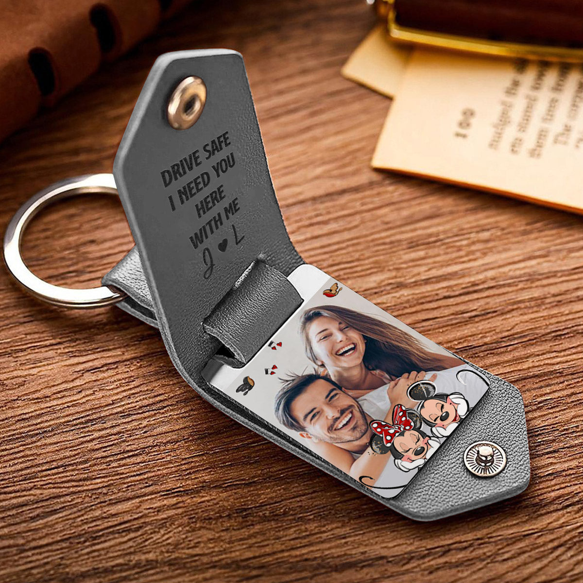 Drive Safe I Need You Mouse Ears Couple - Personalized Mouse Leather Photo Keychain