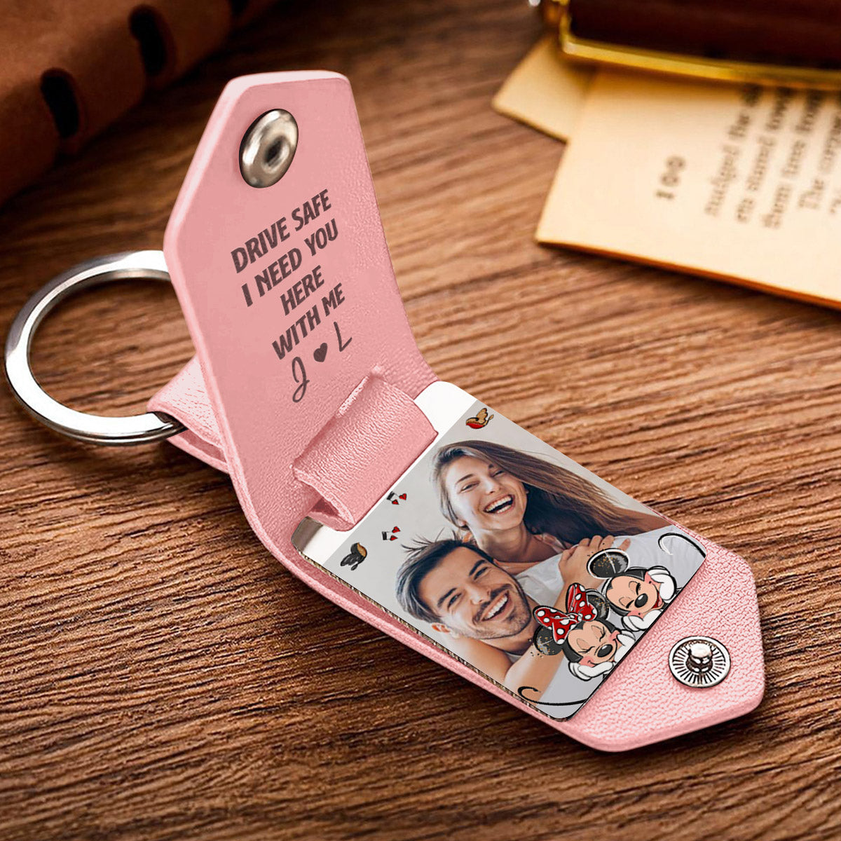 Drive Safe I Need You Mouse Ears Couple - Personalized Mouse Leather Photo Keychain