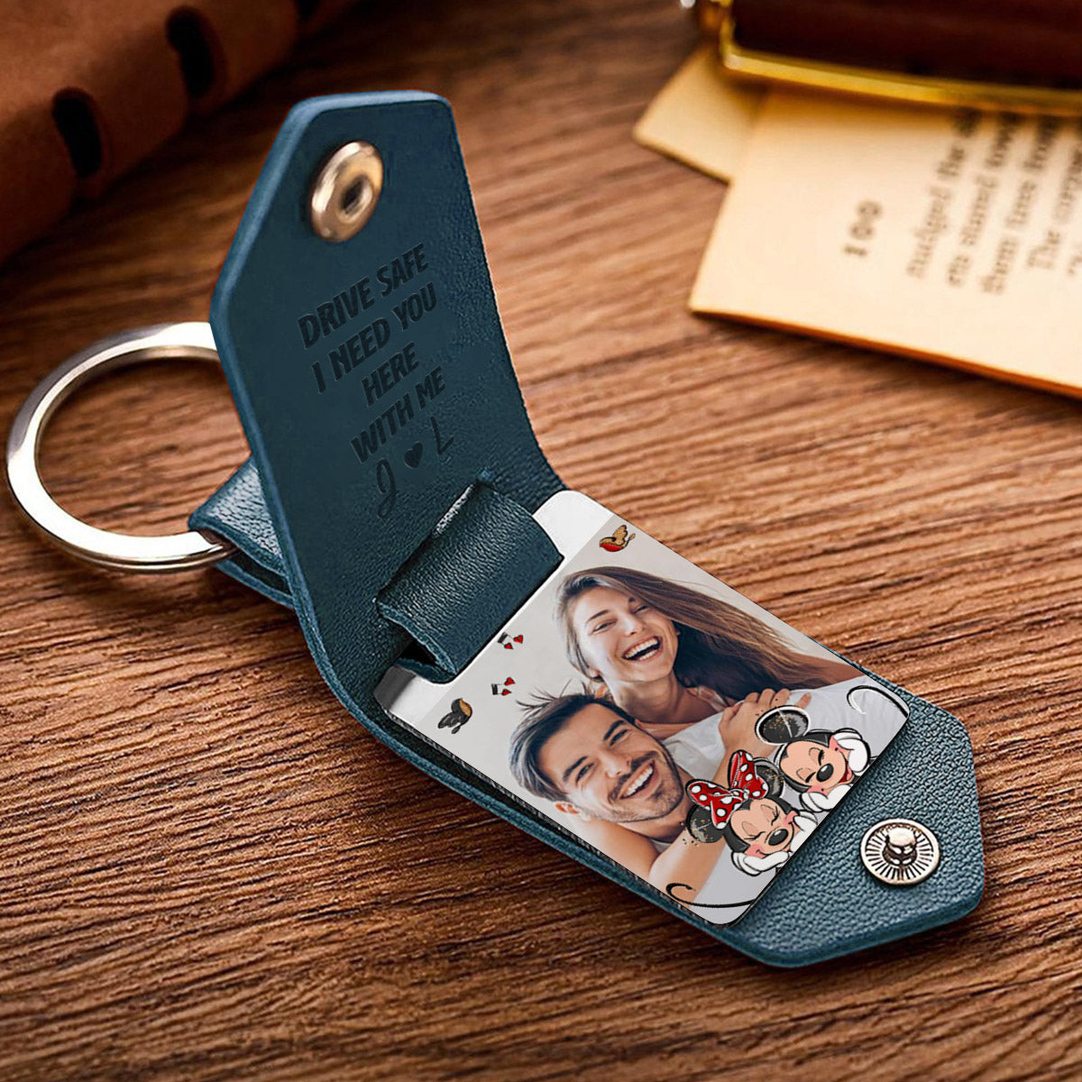 Drive Safe I Need You Mouse Ears Couple - Personalized Mouse Leather Photo Keychain