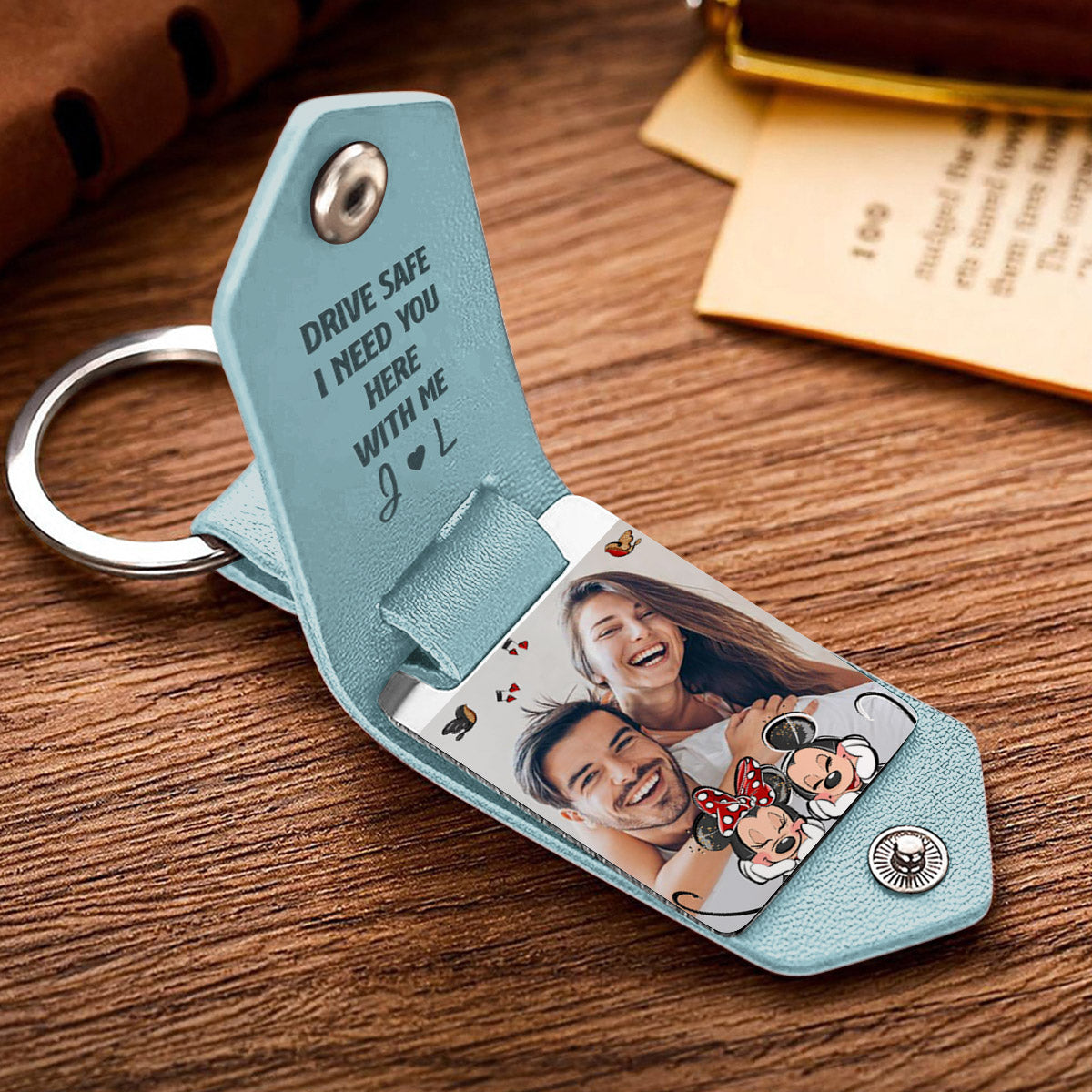 Drive Safe I Need You Mouse Ears Couple - Personalized Mouse Leather Photo Keychain