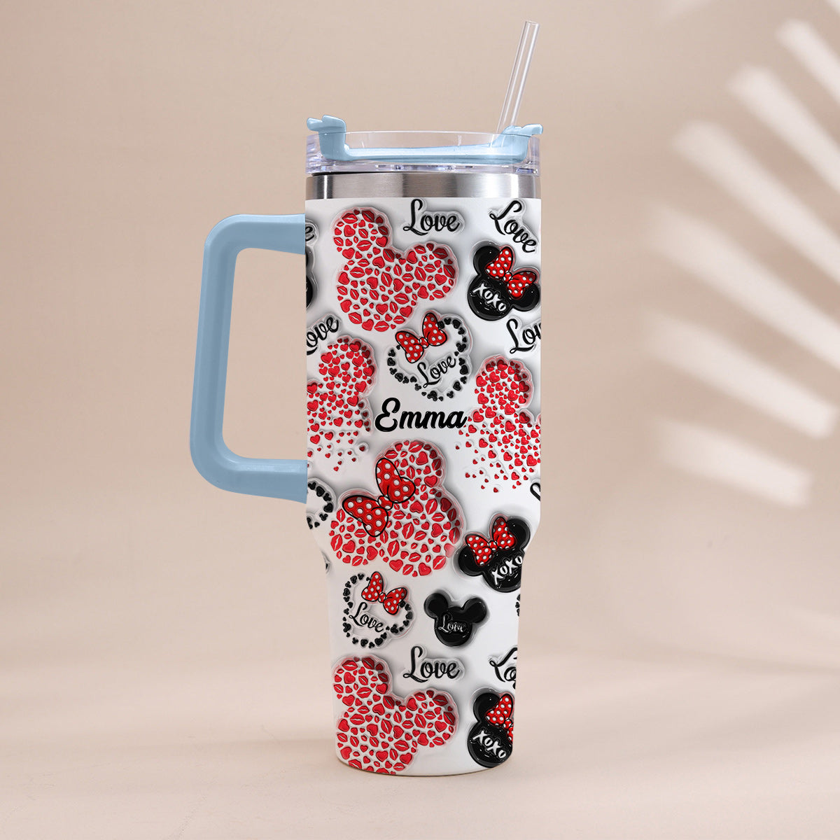 Mouse Ears Love Heart Inflated - Personalized Mouse Tumbler With Handle