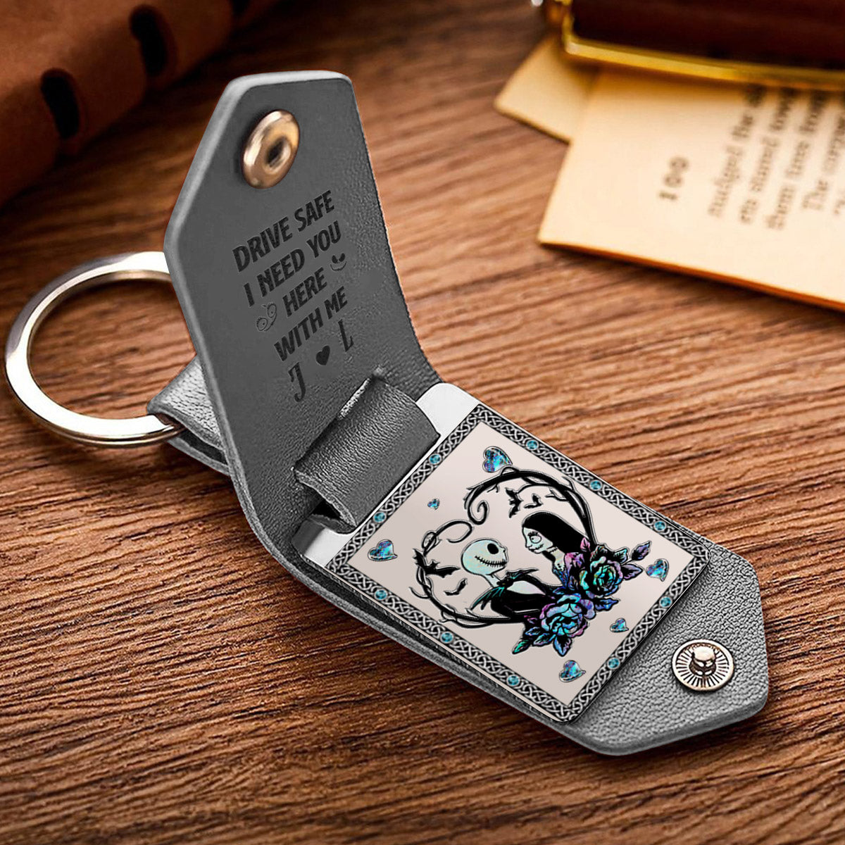 Drive Safe I Need You Nightmare Couple - Personalized Nightmare Leather Photo Keychain