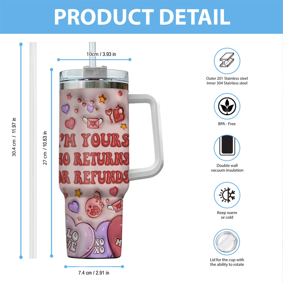 I'm Yours No Returns Or Refunds Ohana Couple - Personalized Ohana Tumbler With Handle