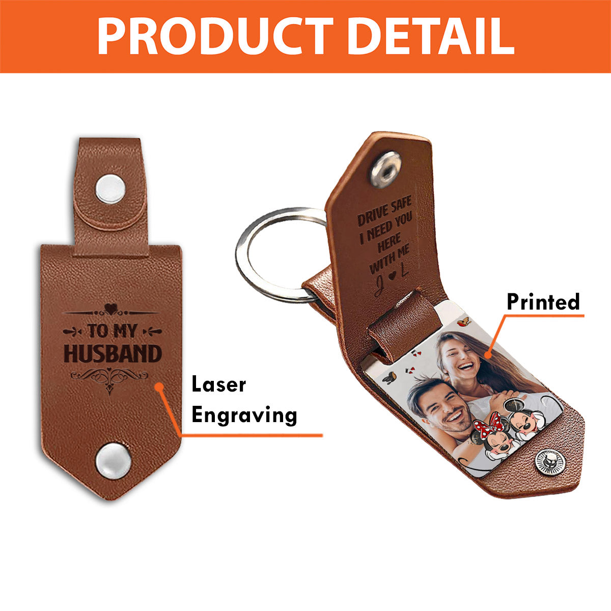 Drive Safe I Need You Mouse Ears Couple - Personalized Mouse Leather Photo Keychain