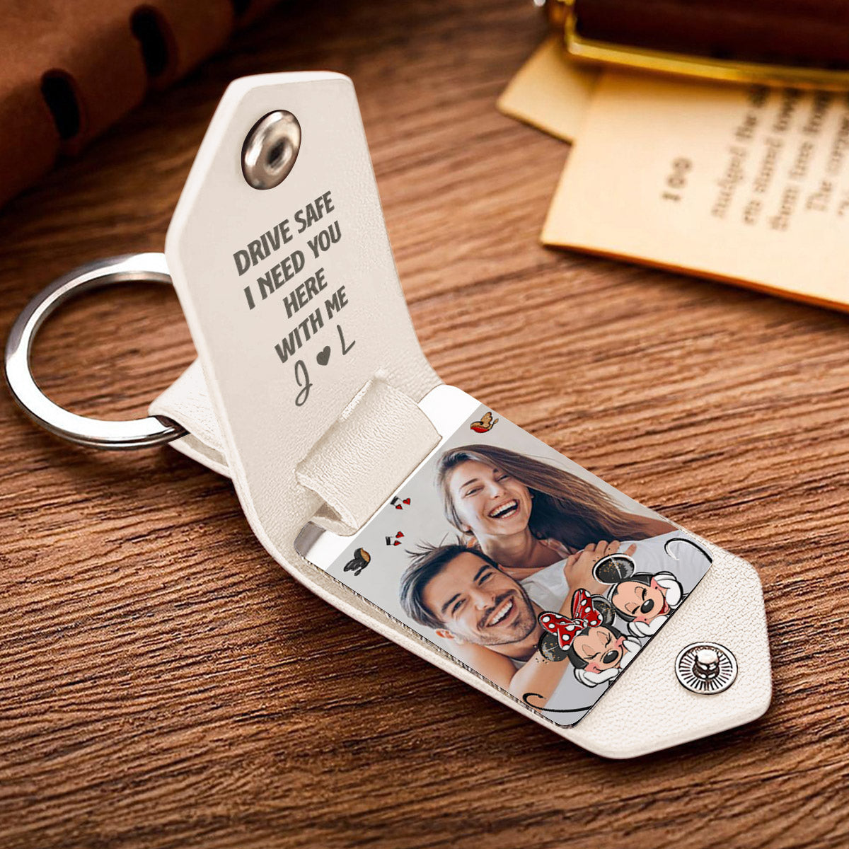 Drive Safe I Need You Mouse Ears Couple - Personalized Mouse Leather Photo Keychain