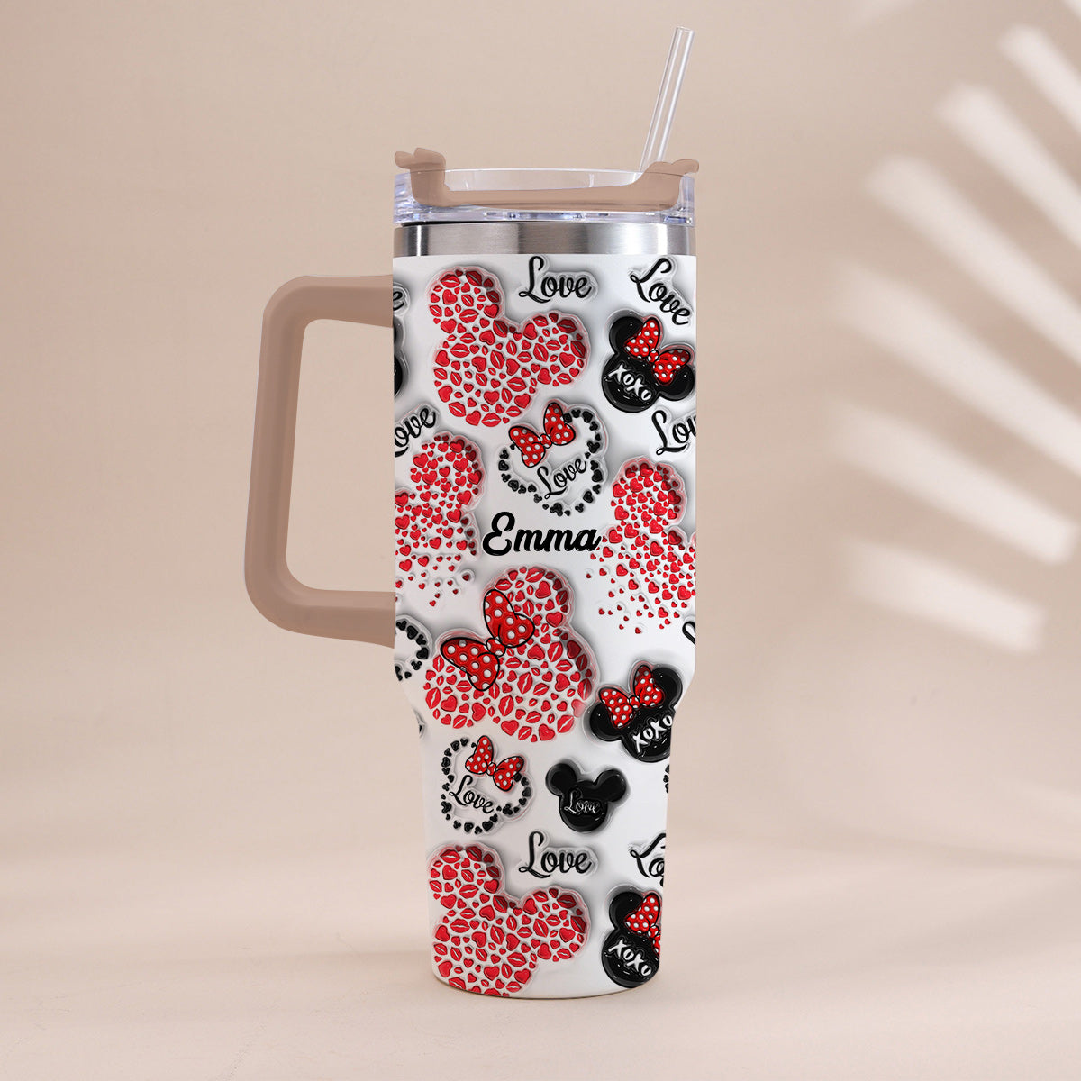 Mouse Ears Love Heart Inflated - Personalized Mouse Tumbler With Handle