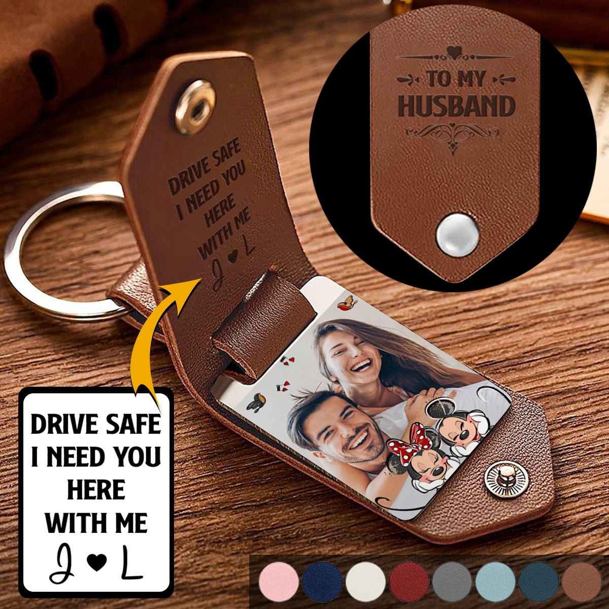 Drive Safe I Need You Mouse Ears Couple - Personalized Mouse Leather Photo Keychain