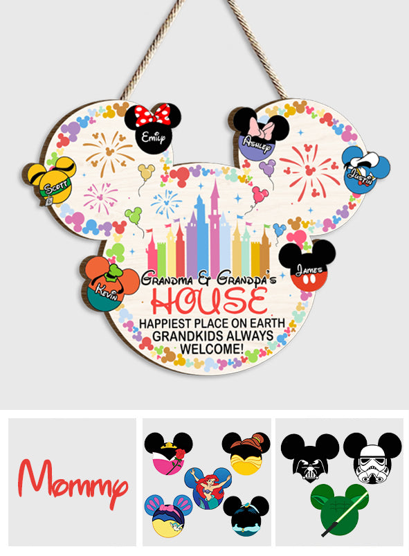 Happiest Place On Earth Grandkids Always Welcome - Personalized Mouse Custom Shaped Wood Sign